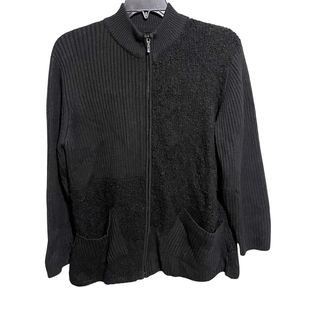 Chicos Design Sweater Womens Sz 3 Black Zip Up Cardigan Acrylic Wool Blend XL